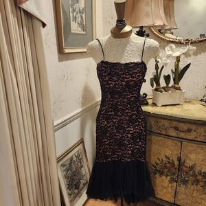 Black Lace Old Hollywood Glamor Vintage Mermaid Hem Dress 7/8